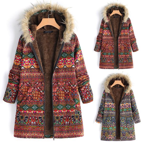 

womens coat winter warm outwear floral print hooded pockets vintage oversize coats women's zipper thickening warm outwear, Tan;black
