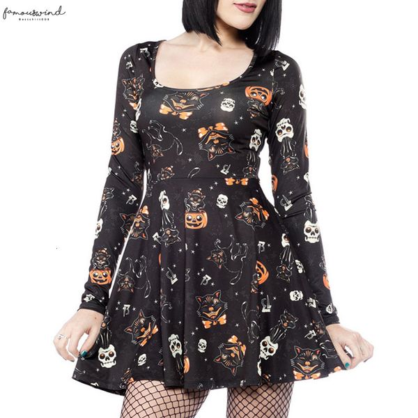 

women halloween vampire skull print casual long sleeve swing mini vintage dresses dress halloween party vestidos sj393v, Black;gray