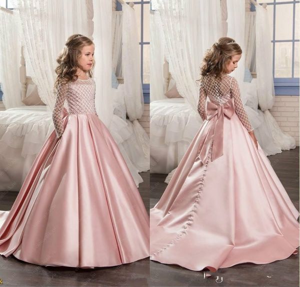 Erröten rosa Blumenmädchenkleider Satin Kinder Abendkleider mit langen Ärmeln Perlen Ballkleid Mädchen Pageant Kleider nach Maß