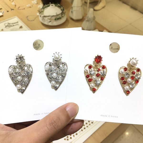 

mengjiqiao korean ab style heart crystal drop earrings for women fashion elegant pearl party asymmetric boucle d'oreille jewelry, Silver