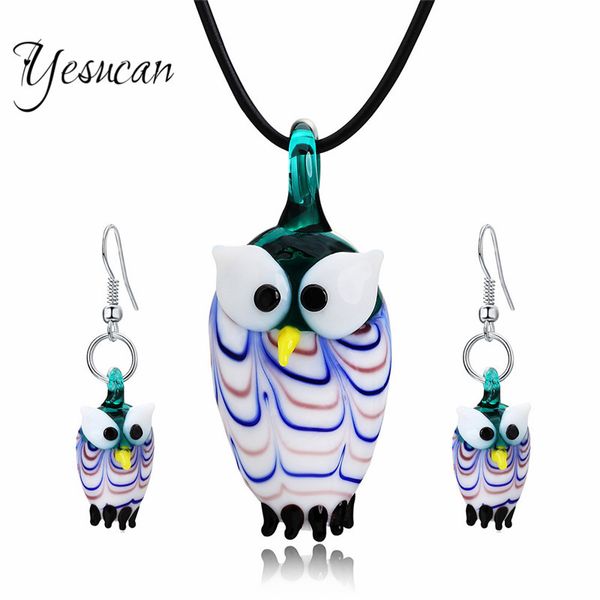 

yesucan personality blue glass owl pendant jewelry set leather long neckalce choker luxury animal dangle earrings for girl gift, Silver