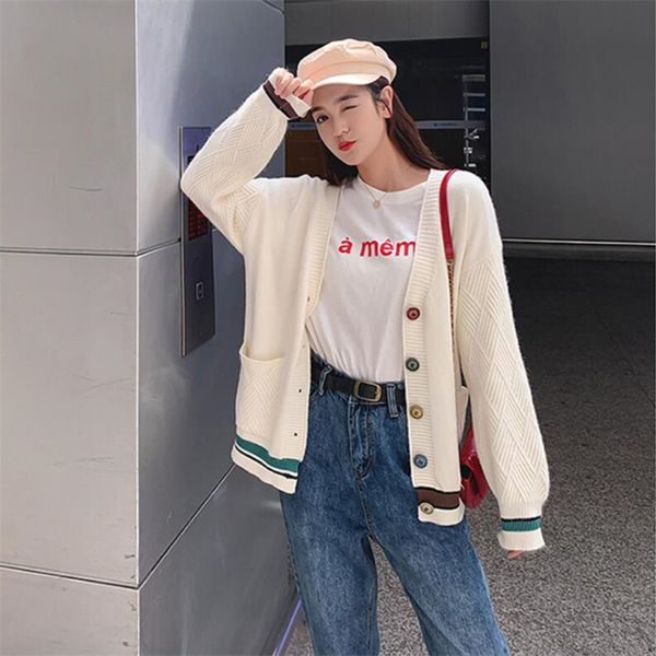 

striped cardigan sweater women loose lazy style early autumn korean student knit jacket, White