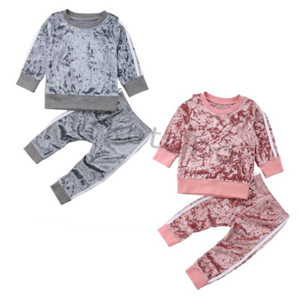 

pudcoco autumn winter velvet kids baby girls clothes sets solid long sleeve t-shirt + pants 2pcs outfit sets gray pink 1-5t, White