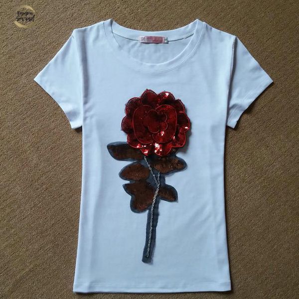 

new summer women sequin t shirt fashion cotton female rose flower t-shirt camisetas mujer drop shipping, White