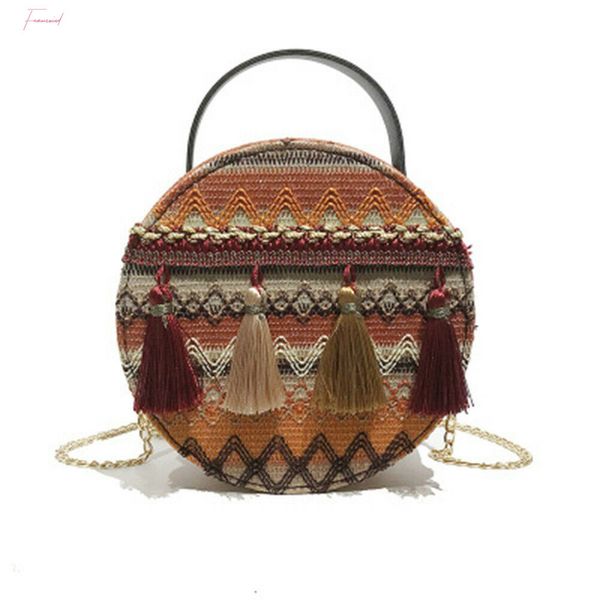 

ethnic style womens tassel shoulder bag fashion woven contrast color handbag summer beach bag messenger bag