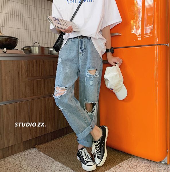 

2020 spring and summer new youth popular men's hole solid color straight jeans fashion casual loose nine points pants blue