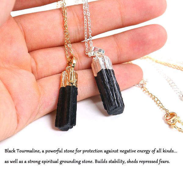 

new gold silver color dipped black tourmaline pendant necklace raw stone schorl chakra healing crystal point pendant colar