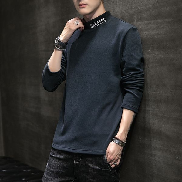 

mens designer hoodie long sleeve t-shirt men's half high neck slim long sleeve letter embroidery with plush casual double-sided, Black