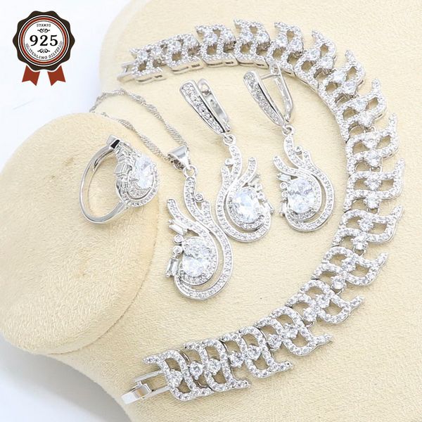 

925 серебряный свадебный комплект ювелирных изделий для женщин белый циркон браслет серьги ожерелье кулон кольцо свадьба подарок на день рож, Slivery;golden