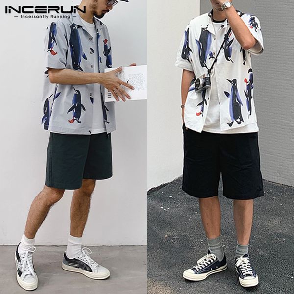

incerun лето мужчины с коротким рукавом печати рубашка casual отворотом penguin шаблон рубашки человек мода дышащий свободная блузка призван, White;black