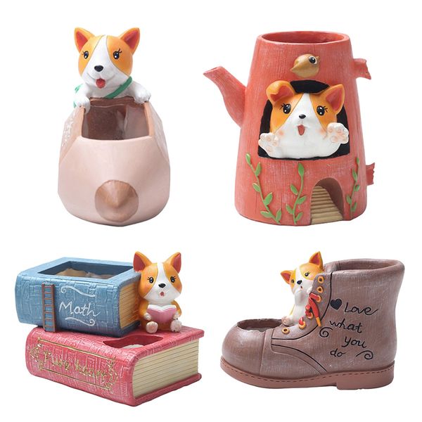 

4-packs смола корги собака сочный кактус planter горшок, декоративный сад цветочного держатель для домашнего офиса