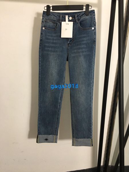 

high end женщины девушки джинсовые брюки джинсы вышивка пчелиное письмо патч повседневные манжеты свободные прямые брюки взлетно посадочная, Blue