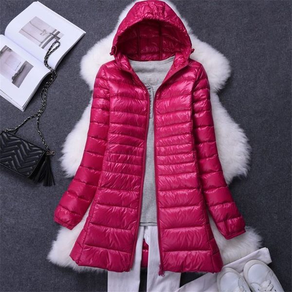 

плюс размер 7xl 2019 winter женщины 90% белая утка вниз куртка solid color тонкий coat женский ultra light вниз с капюшоном длинные ветровки, Black
