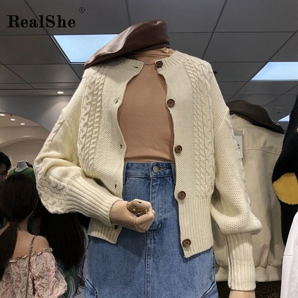 

women's knits & tees realshe sweaters cardigan for women o-neck long sleeve buttons pockets cashmere sweater 2021 spring casual ladies, White
