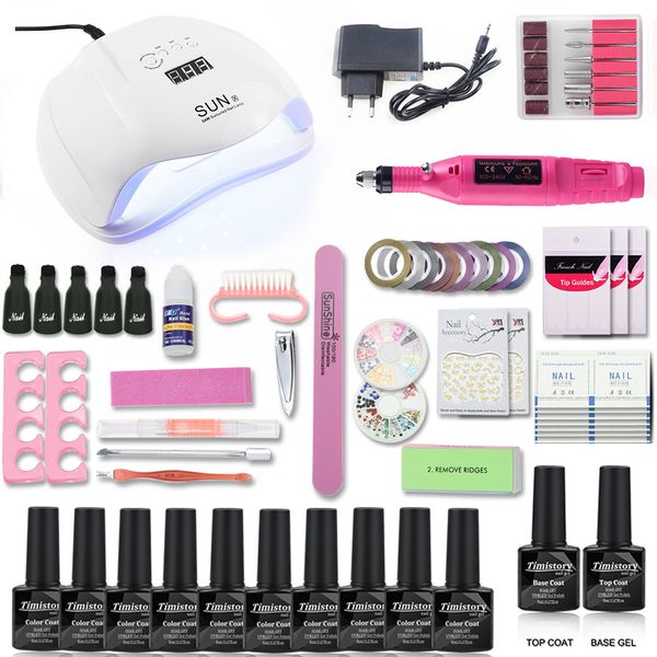 

54/36w led lamp timer nail dryer 10 colors uv gel polish nail set uv gel polish with drill machine manicure tools