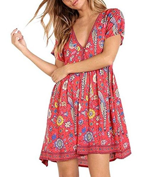 

r.vivimos women short sleeve floral print v neck cotton short dresses, Black;gray