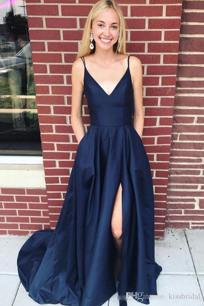 

deep v neckline spaghetti split prom dresses long a line simple evening gowns cocktail party dress formal gown vestido de novia, Black