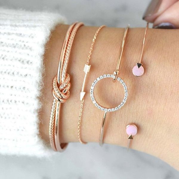 

4 pcs/ set bohemian circle knotted zircon arrow moon round opening gold bracelet set women fashion jewelry valentines day gift, Black
