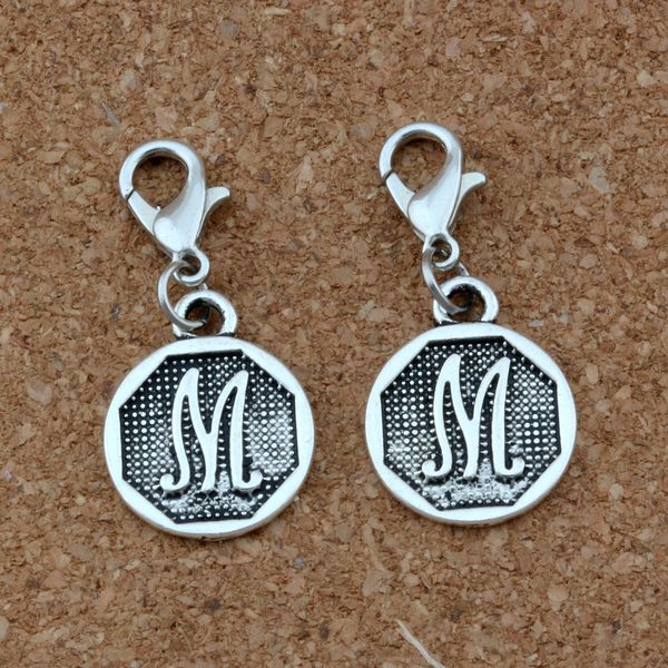 

antique silver initial alphabet disc " m " alloy charms with lobster clasp fit charm bracelet diy jewelry 14.8x32.5mm 50pcs/lots a, Bronze;silver