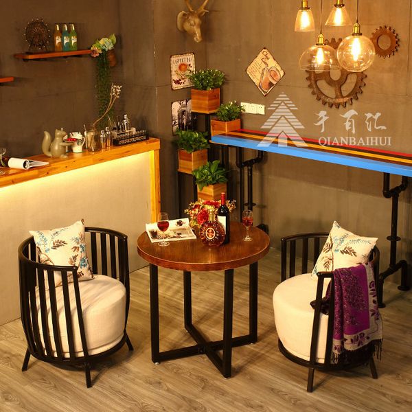 

american restaurant wrought iron solid wood round tea table leisure living room sofa side table outdoor coffee shop milk tea shop round tabl