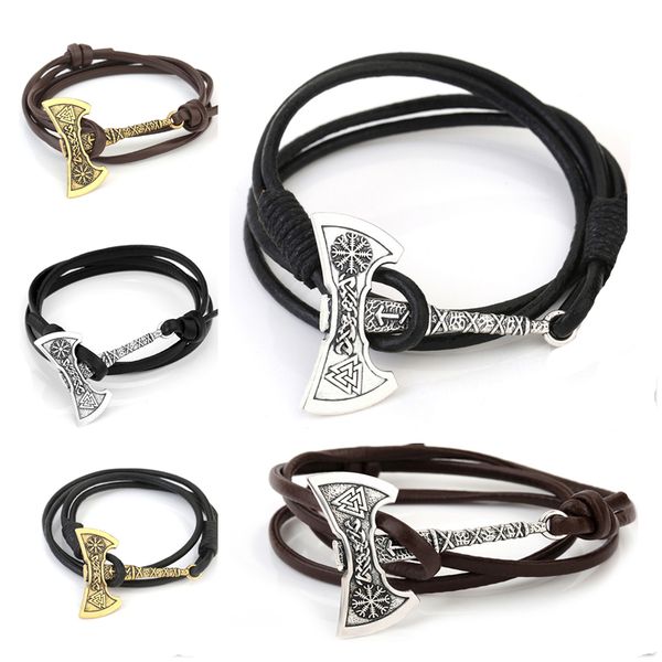 

skyrim fashion jewelry nordic viking valknut axe amulet charm multilayer leather bracelet bangle for women & men jewelry gift, Black