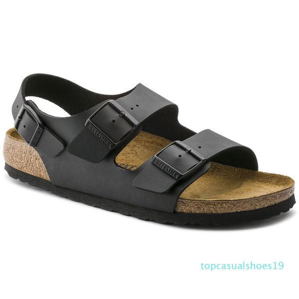 

original fuui men women sandals 2-strap pu leather platform comfortable slippers cork sole slide on shoes t19, Black