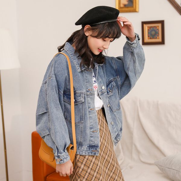 

2019 new pocket button denim jackets preppy style long sleeve vintage jeans jacket denim loose spring autumn jeans coats, Black;brown