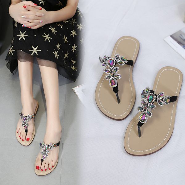

large size outdoor clip slippers colorful rhinestone flat women's shoes, Black