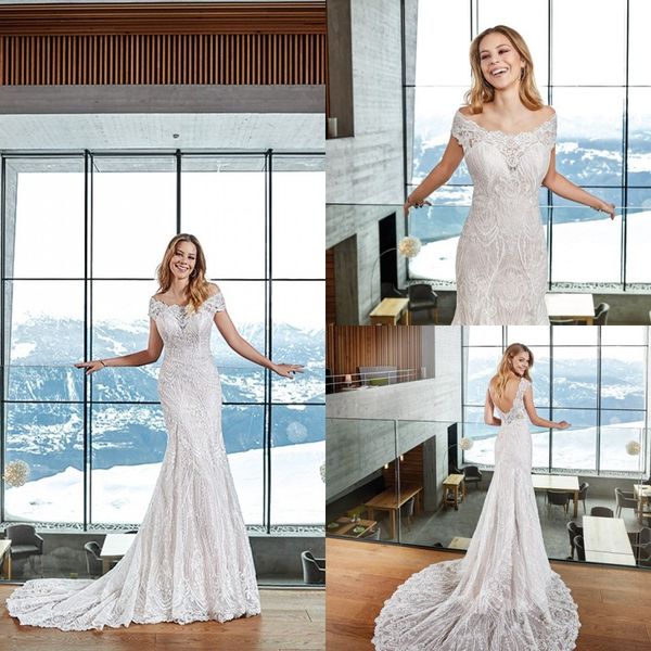 

2020 mermaid wedding dresses portrait applique wedding dresses backless sweep train bridal gowns vestidos de novia, White