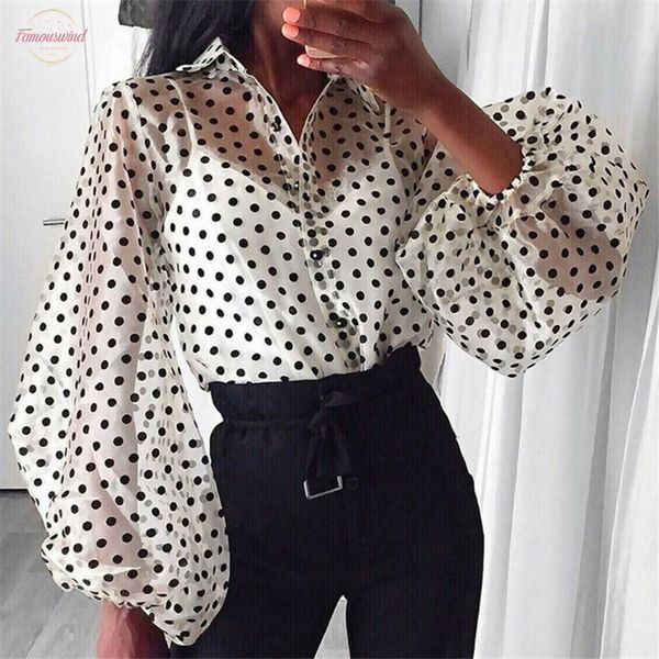 

puff sleeve spring fashion mesh see through blouses women polka dot and blouses vintage shirt women office top, White