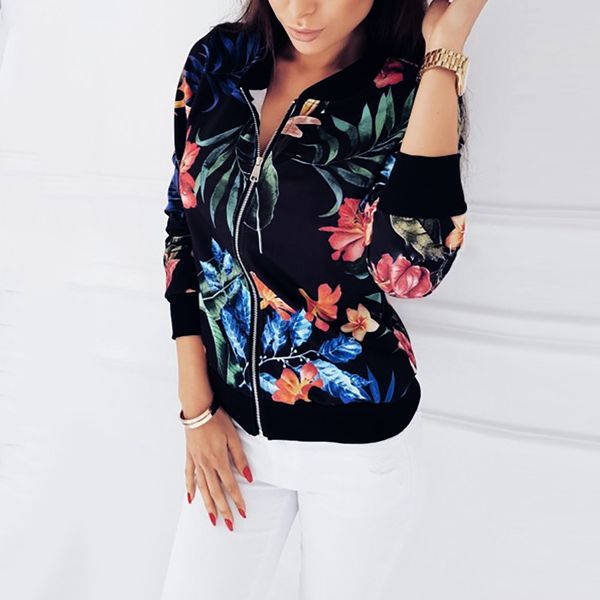 

floral printed spring women's jackets plus size short female coat zipper chaqueta long sleeve women bomber jacket, Black;brown