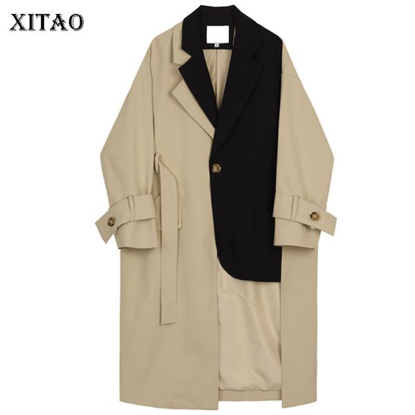 

xitao patchwork hit color long trench women irregular pocket sashes match all coat turn down collar single breasted wqr1267, Tan;black