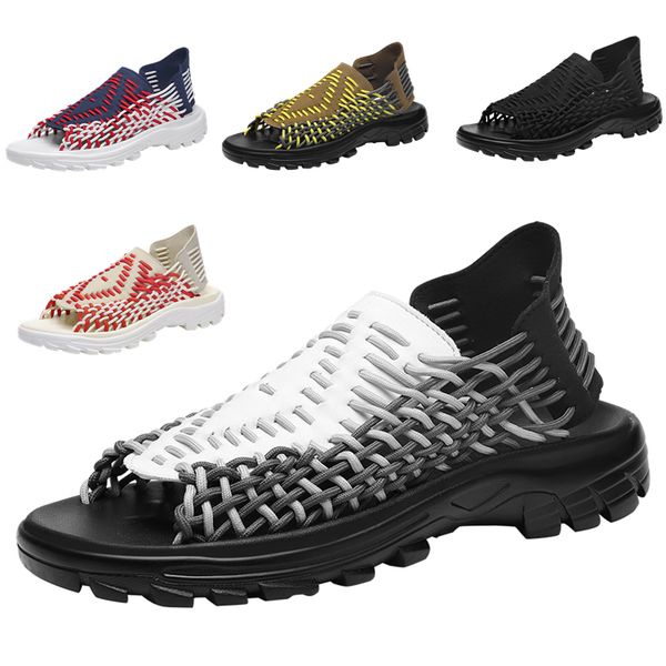

hand woven men sandals slip on cool summer street shoes sharp colors soft rubber sole beach shoes, Black