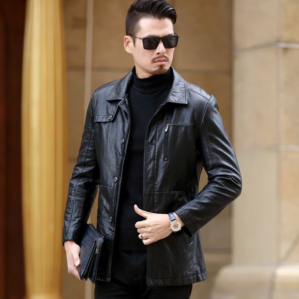 

leather jacket men winter outerwear velvet thermal fashion, Black;brown