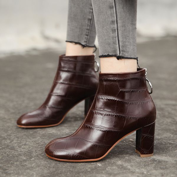 

prova perfetto women ankle boots round toe high heels short boots genuine leather retro soft leather women 7cm heels new, Black