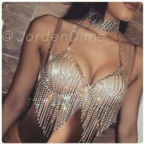 Alta qualidade Super brilhante strass cristal de diamante cheio de moda sexy tassel cadeia corpo bra jóias para clubes de noite festas de prata de ouro