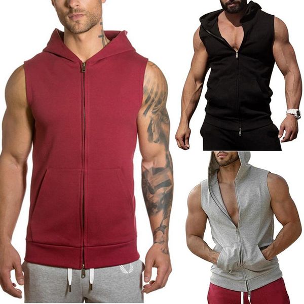 

men's tie hooded running jacket sleeveless solid color cardigan sweatshirt hoody gym sport vest running, Black;red