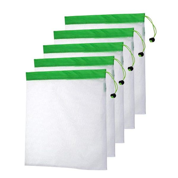 

5pcs/set polyester washable reusable produce bags, eco-friendly soft lightweight vegetable drawstring storage net bag,fo