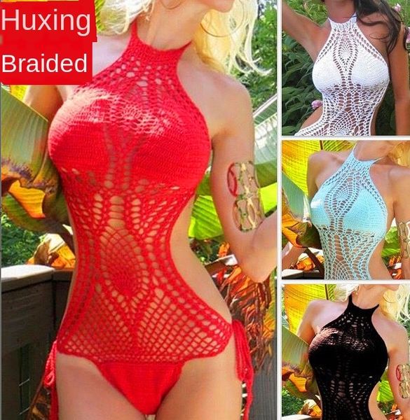 

2020 swimsuit bikini handmade crocheted hollow knitted one-piece bikini swimsuit pure cotton, White;black