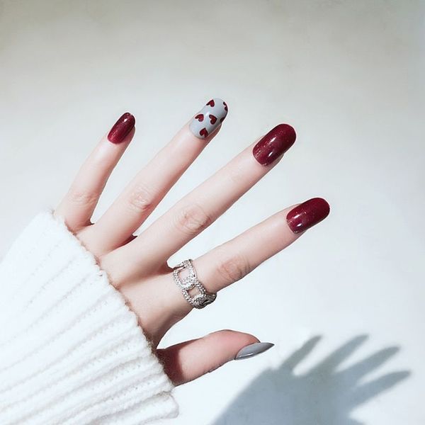 

24pcs/set ptherapy acrylic fake fingernails ins rendering false nails simple women full nail tips patch short nail art diy, Red;gold