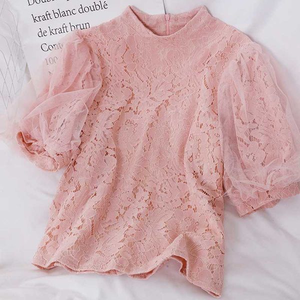 

lace mesh sweet solid women and blouses short stand collar pink chic 2020 shirts short sleeve shirts retro, White