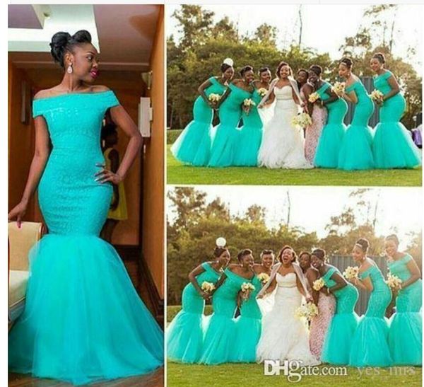 

New african mermaid long bride maid dre e maid of honor off hould turquoi e mint tulle lace applique plu ize bridal party gown