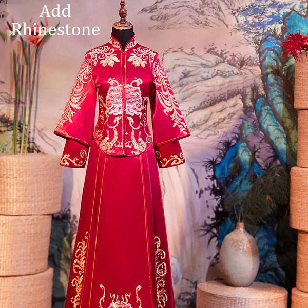 

rhinestone elegant chinese style evening dress embroidery long sleeve qipao wedding cheongsam vintage women satin costume, Red