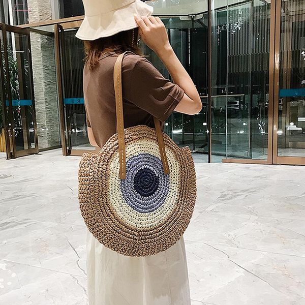

hand woven round womans shoulder bag handbag bohemian summer straw beach bag travel shopping female tote wicker bags g2