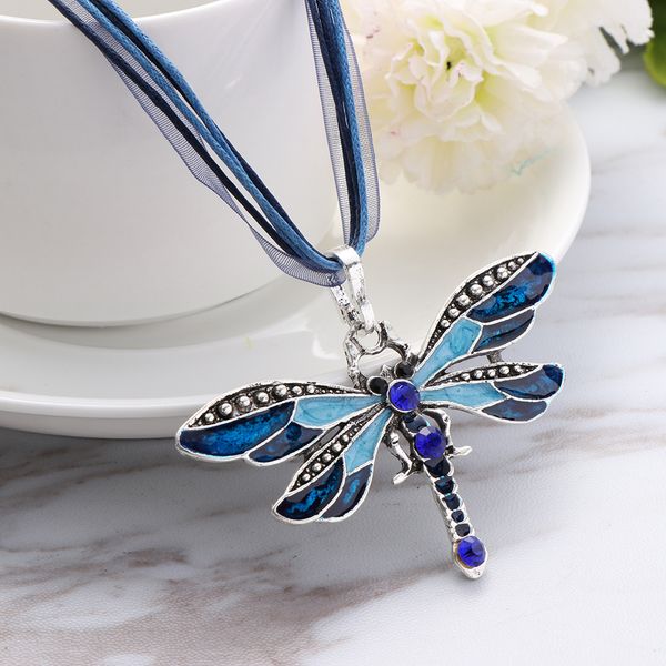 

6 colors 1 pcs chic colorful enamel dragonfly pendant necklace multi-layer chain bohemian statement necklace for women jewelry, Silver