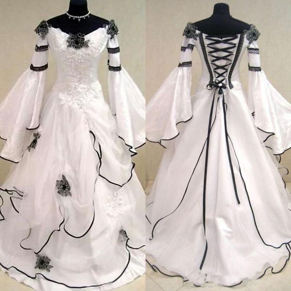 Abiti da sposa medievali vintage in bianco e nero Maniche lunghe svasate Abiti da sposa celtici Taglie forti Vestido De Novia