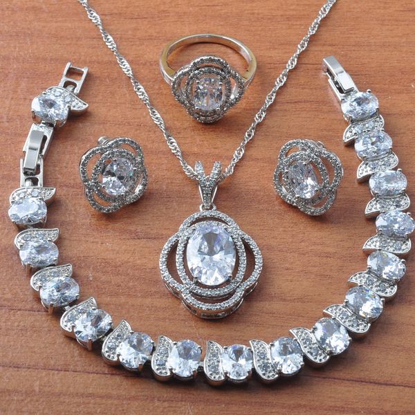 

2019 new white zirconia 925 silver jewelry sets women wedding jewelry earrings necklace set ring bracelet christmas gift js0642