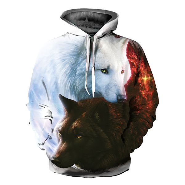 

fashion autumn winter wolf pattern couple lovers hoodies men casual hooded sweatershirt drawstring pullover, Black