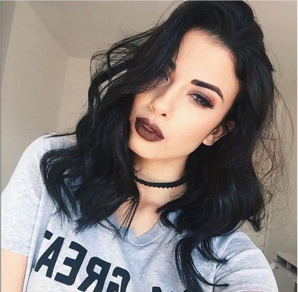 

европейский и американский парик мода дамы средней длины вьющиеся человеческие волосы парик черный средней точки волны микро-рулонный парик, Black