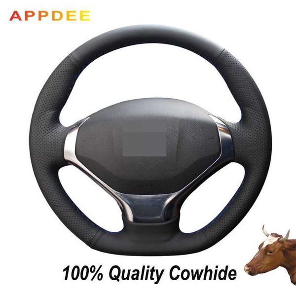 

hand-stitched black genuine leather steering wheel cover for 3008 2013-2015